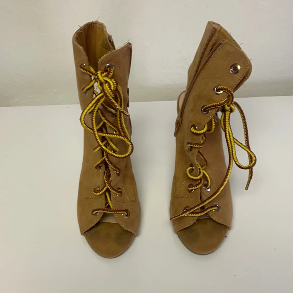 - Forever 21 open toe lace up boot tan boot sandals size 6